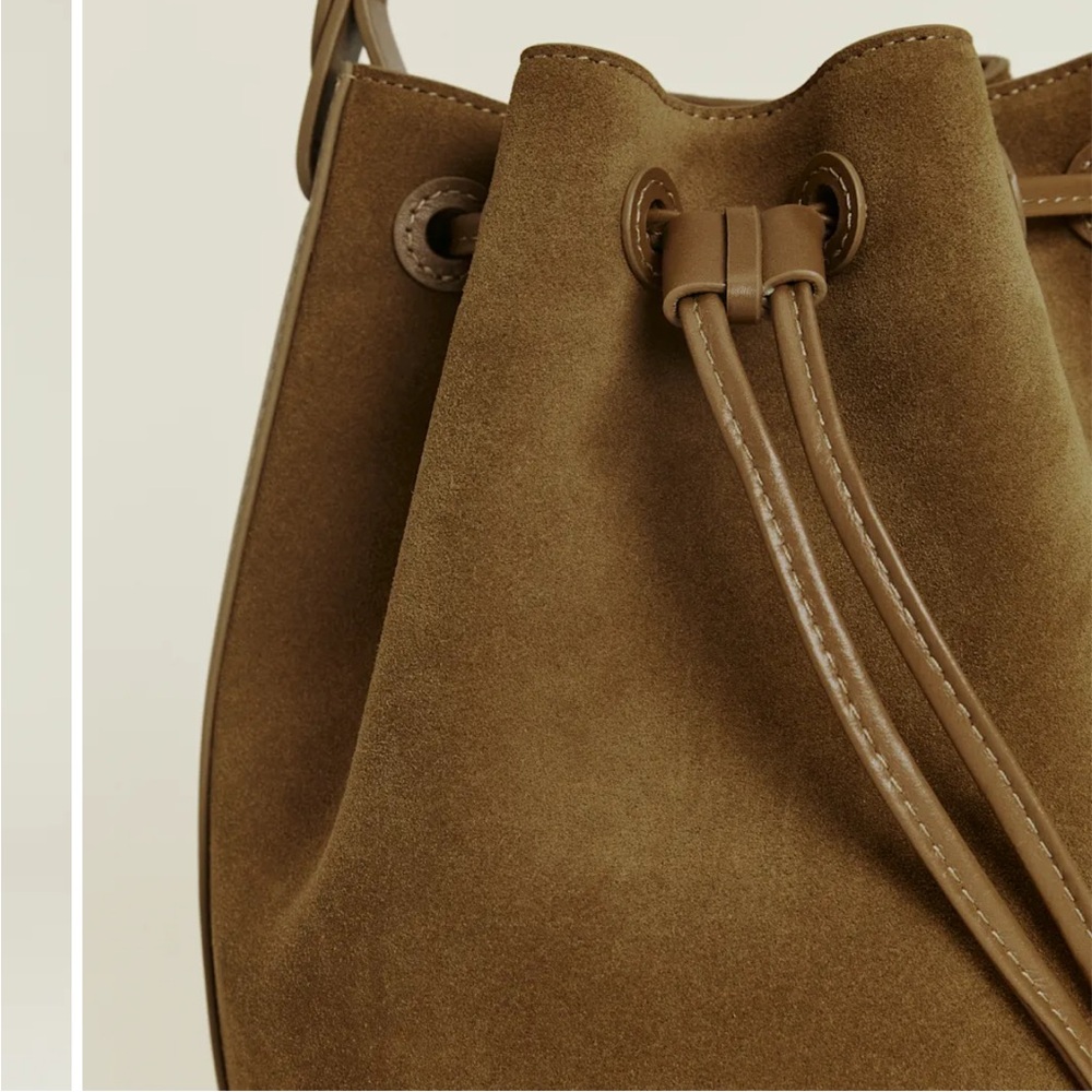 LIKE NEW REFORMATION Ornellia Bucket Bag, Bog Suede - Picture 5 of 9